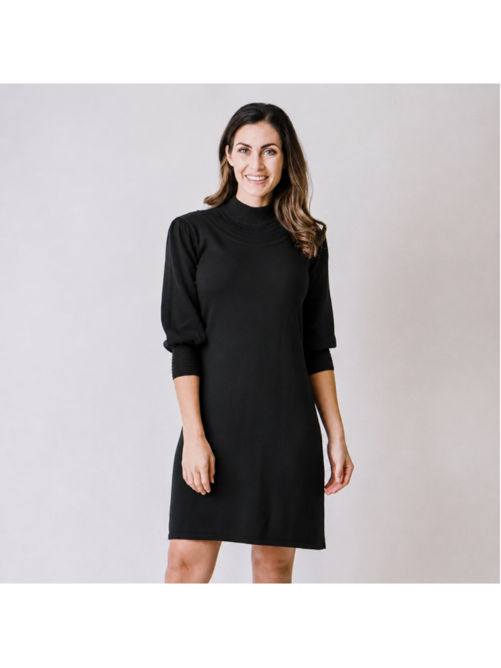 Hope & Henry Organic Cotton Black Mock Neck Puff Sleeve Sweater Dress LBD Sz 12